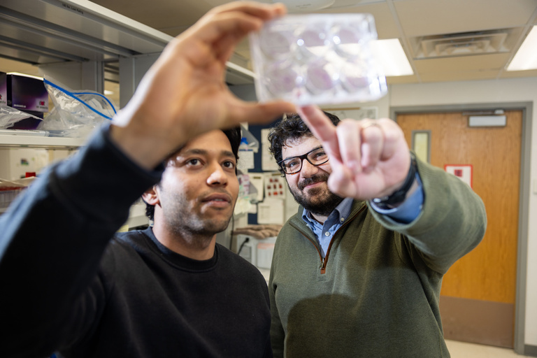 Dr. Tanas looking at slides with someone