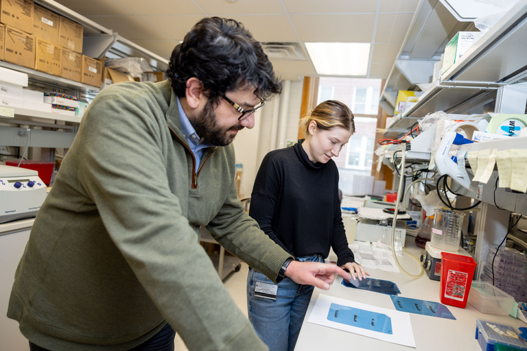 Dr. Tanas and a researcher working together on a lab bench