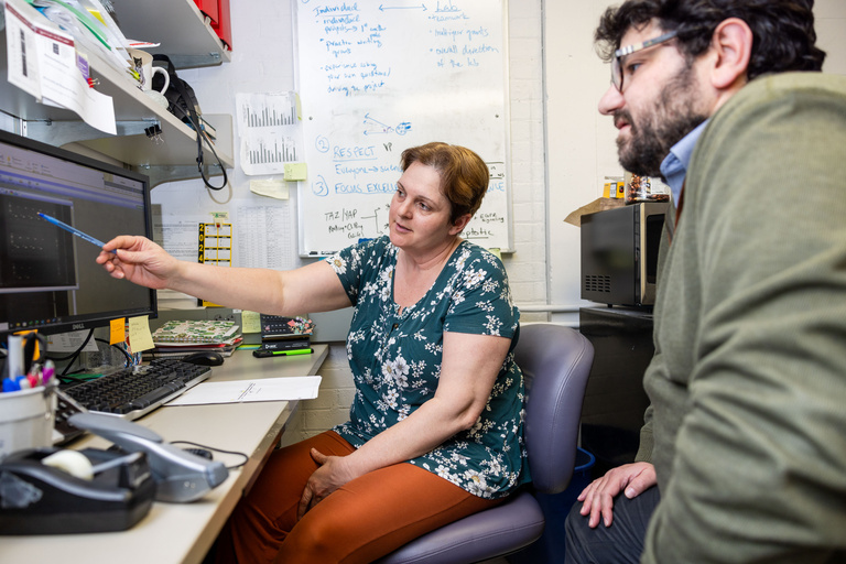 A person pointing at a computer