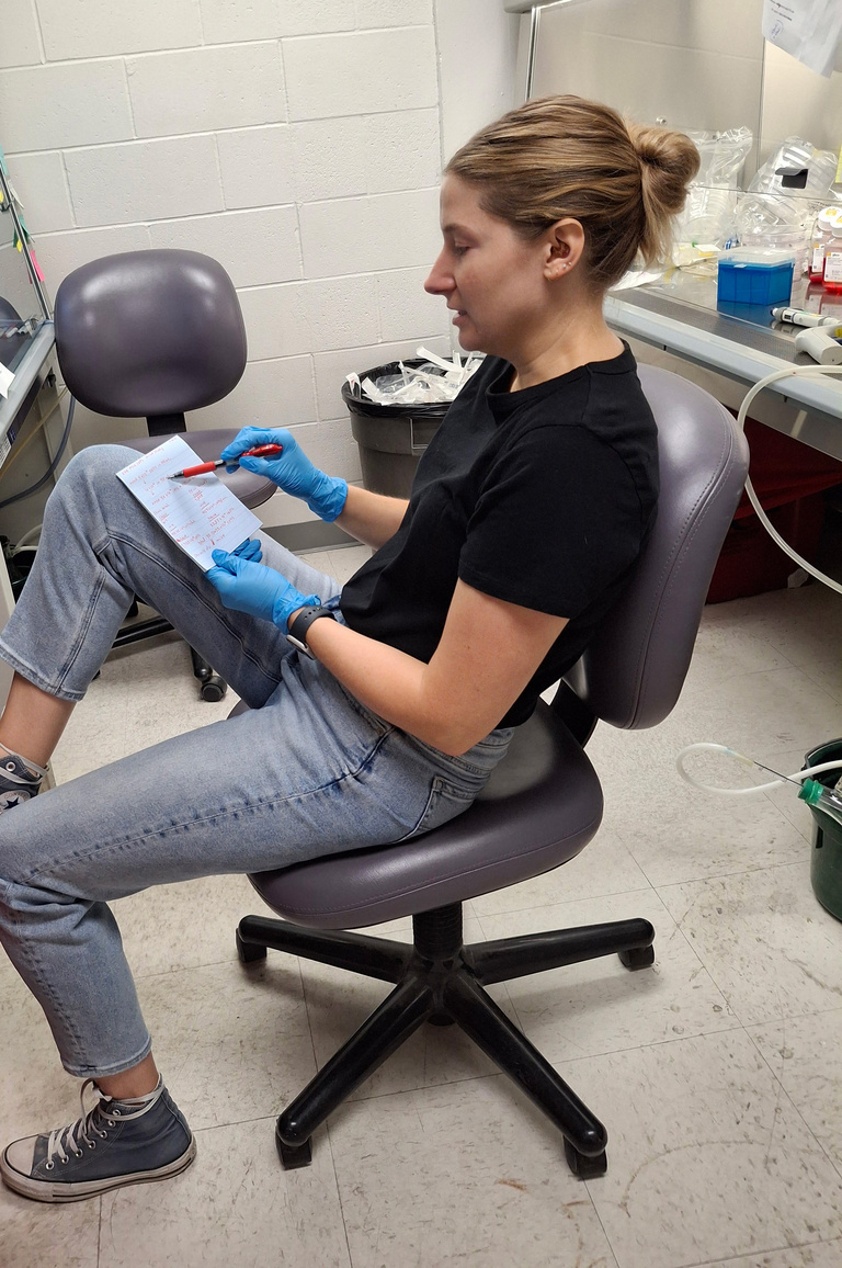 A person sitting and looking at notes